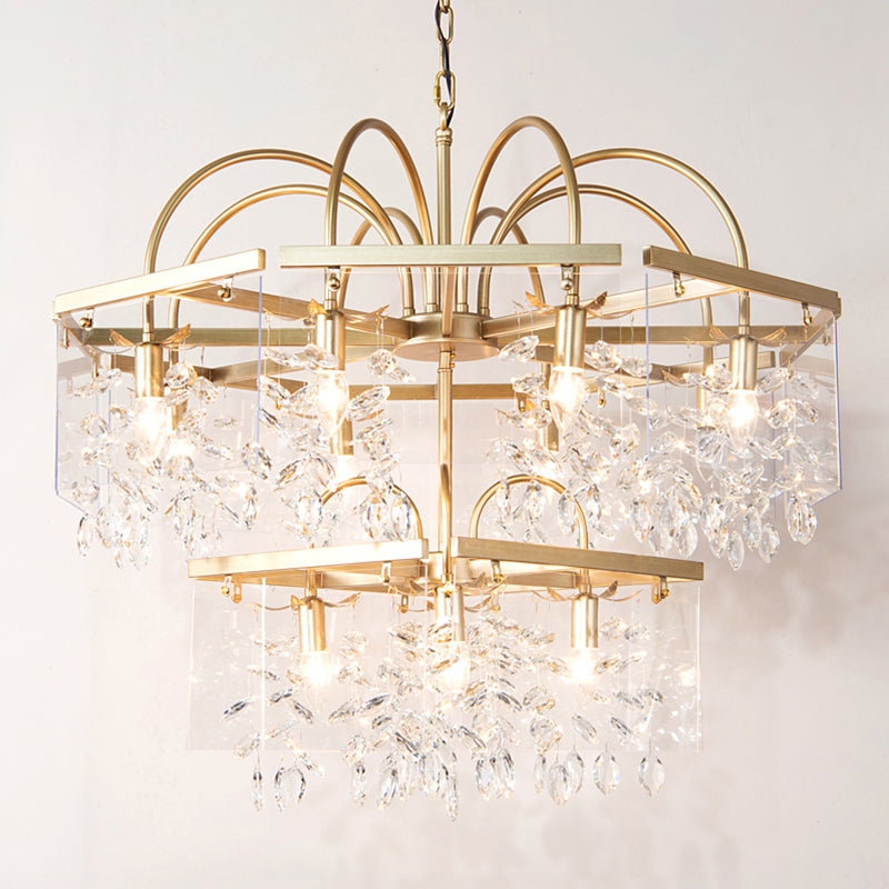 Gold Geometric Shaped Chandelier Antique Metal Dining Room Hanging Lighting with Crystal Drops Clearhalo 'Ceiling Lights' 'Chandeliers' Lighting' options 2138180