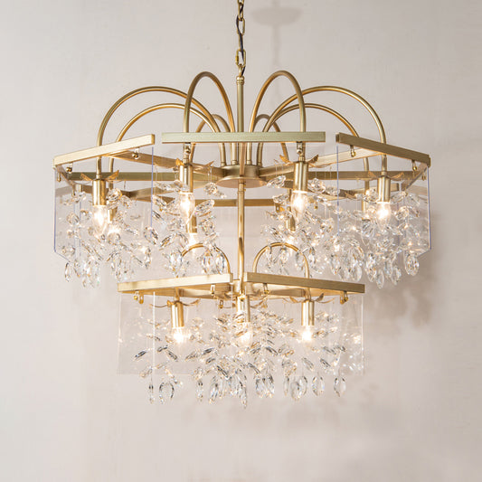 Gold Geometric Shaped Chandelier Antique Metal Dining Room Hanging Lighting with Crystal Drops Clearhalo 'Ceiling Lights' 'Chandeliers' Lighting' options 2138181