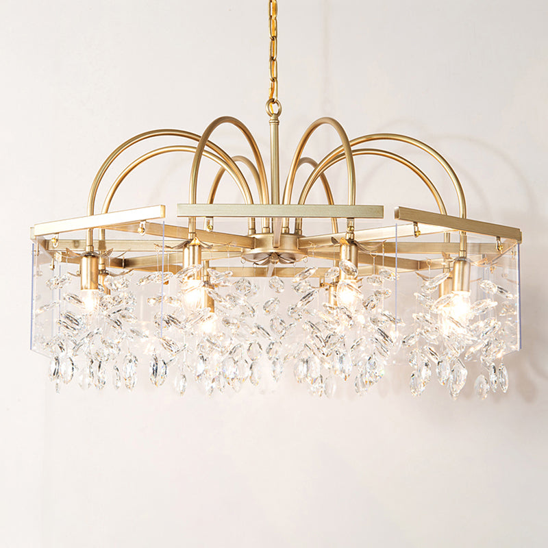 Gold Geometric Shaped Chandelier Antique Metal Dining Room Hanging Lighting with Crystal Drops Clearhalo 'Ceiling Lights' 'Chandeliers' Lighting' options 2138182