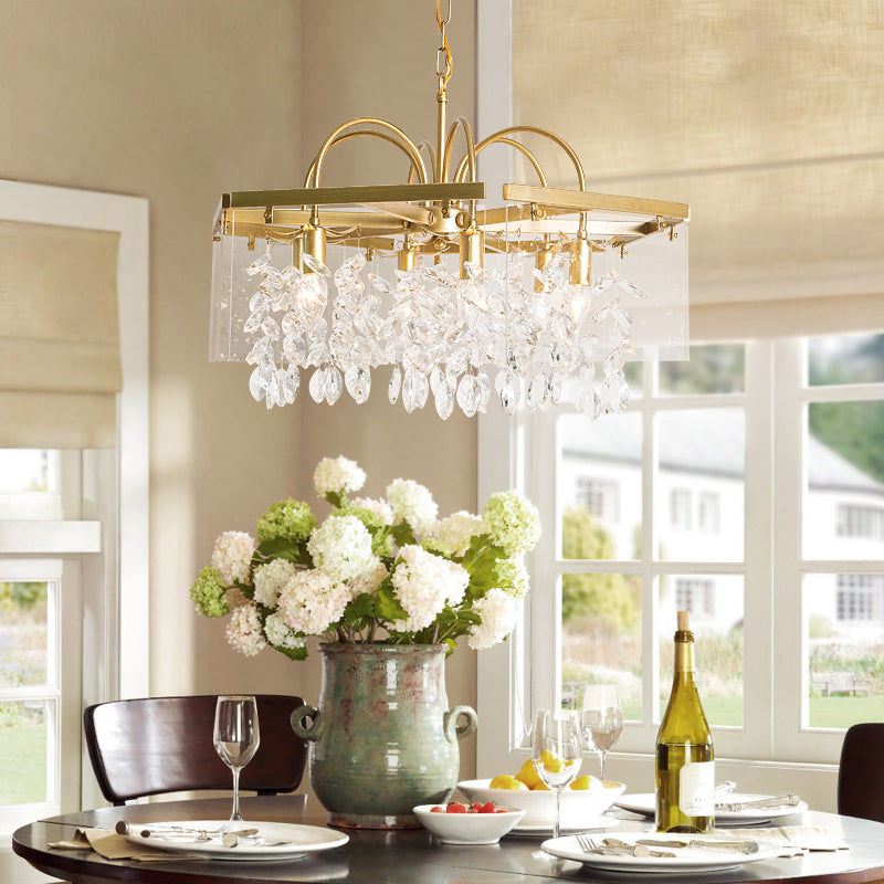 Gold Geometric Shaped Chandelier Antique Metal Dining Room Hanging Lighting with Crystal Drops Clearhalo 'Ceiling Lights' 'Chandeliers' Lighting' options 2138183