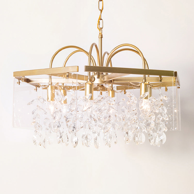 Gold Geometric Shaped Chandelier Antique Metal Dining Room Hanging Lighting with Crystal Drops Clearhalo 'Ceiling Lights' 'Chandeliers' Lighting' options 2138184