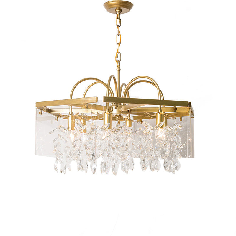 Gold Geometric Shaped Chandelier Antique Metal Dining Room Hanging Lighting with Crystal Drops Clearhalo 'Ceiling Lights' 'Chandeliers' Lighting' options 2138186