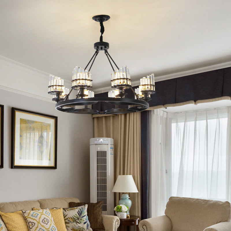 Circular Crystal Rods Chandelier Vintage Living Room Hanging Pendant Lamp in Black Clearhalo 'Ceiling Lights' 'Chandeliers' Lighting' options 2138210