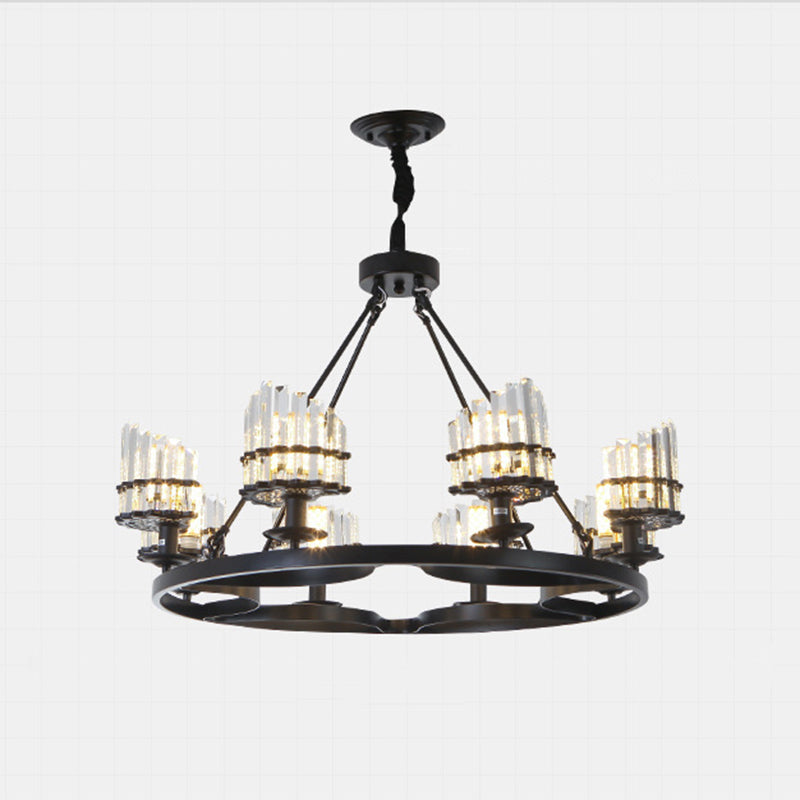 Circular Crystal Rods Chandelier Vintage Living Room Hanging Pendant Lamp in Black Clearhalo 'Ceiling Lights' 'Chandeliers' Lighting' options 2138211