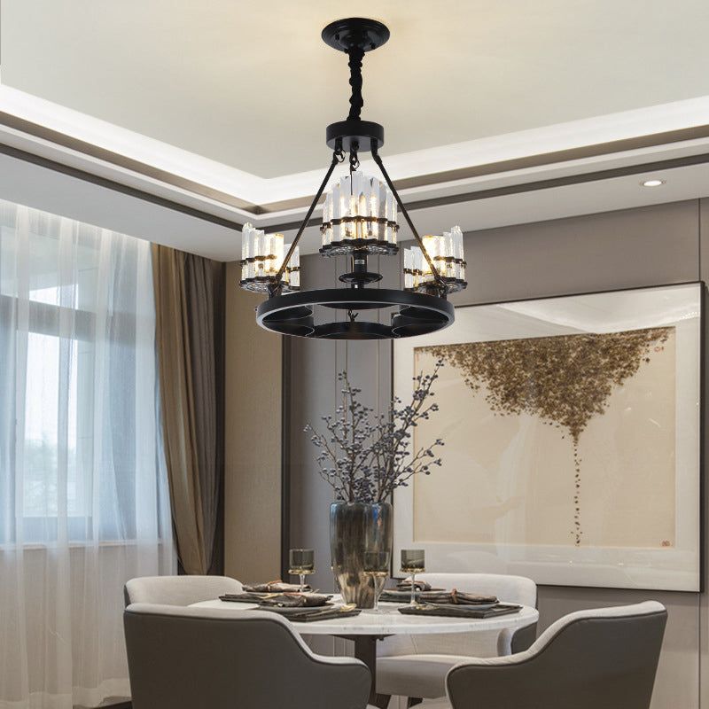 Circular Crystal Rods Chandelier Vintage Living Room Hanging Pendant Lamp in Black Clearhalo 'Ceiling Lights' 'Chandeliers' Lighting' options 2138217