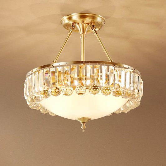 Gold 4 Lights Flush Mount Chandelier Traditional Ivory Glass Bowl Ceiling Light with Crystal Decor Clearhalo 'Ceiling Lights' 'Close To Ceiling Lights' 'Close to ceiling' 'Flush mount' Lighting' 2138281