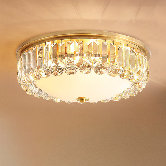 Gold 4 Lights Flush Mount Chandelier Traditional Ivory Glass Bowl Ceiling Light with Crystal Decor Clearhalo 'Ceiling Lights' 'Close To Ceiling Lights' 'Close to ceiling' 'Flush mount' Lighting' 2138284
