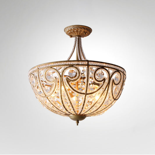 Antiqued Gold Hemisphere Flush Light Rustic Crystal Bead 5-Light Dining Room Ceiling Lamp Clearhalo 'Ceiling Lights' 'Close To Ceiling Lights' 'Close to ceiling' 'Flush mount' Lighting' 2138349