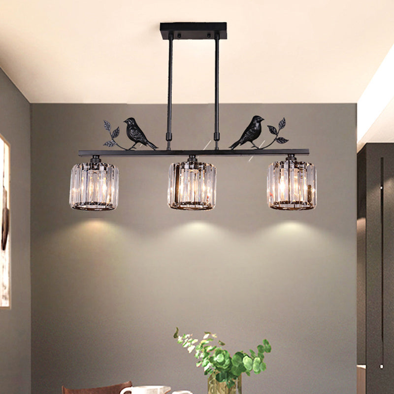 Crystal Prism Island Light Fixture Cylindrical 3-Bulb Lodge Pendant Light with Bird and Leaf Decor Black Clearhalo 'Ceiling Lights' 'Island Lights' Lighting' 2138351