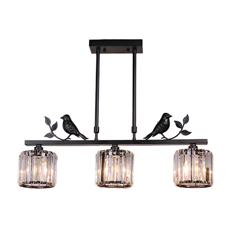 Crystal Prism Island Light Fixture Cylindrical 3-Bulb Lodge Pendant Light with Bird and Leaf Decor Clearhalo 'Ceiling Lights' 'Island Lights' Lighting' 2138353