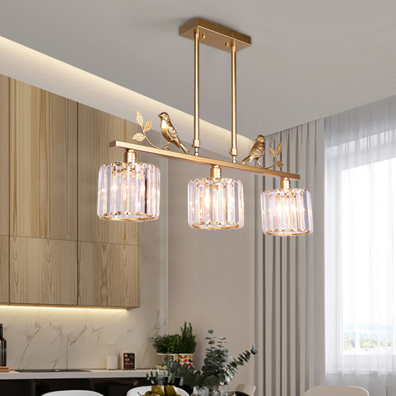 Crystal Prism Island Light Fixture Cylindrical 3-Bulb Lodge Pendant Light with Bird and Leaf Decor Gold Clearhalo 'Ceiling Lights' 'Island Lights' Lighting' 2138354