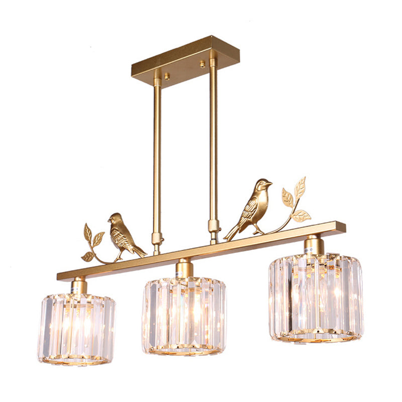 Crystal Prism Island Light Fixture Cylindrical 3-Bulb Lodge Pendant Light with Bird and Leaf Decor Clearhalo 'Ceiling Lights' 'Island Lights' Lighting' 2138355