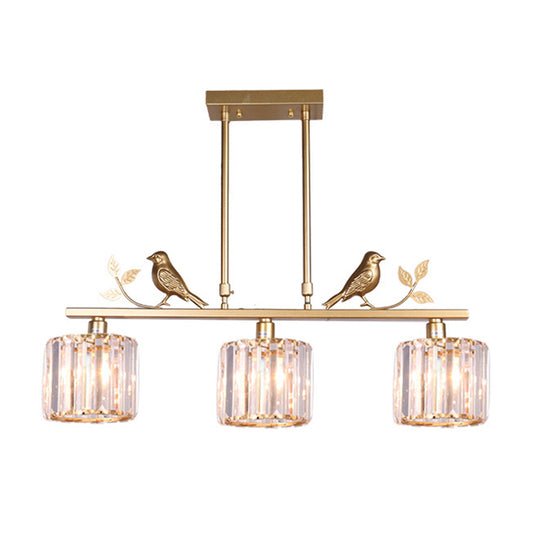 Crystal Prism Island Light Fixture Cylindrical 3-Bulb Lodge Pendant Light with Bird and Leaf Decor Clearhalo 'Ceiling Lights' 'Island Lights' Lighting' 2138356