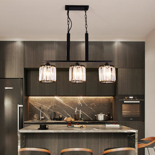 3-Light Cylindrical Island Pendant Rustic Black Prismatic Crystal Ceiling Pendant over Table Black Clearhalo 'Ceiling Lights' 'Island Lights' Lighting' 2138357