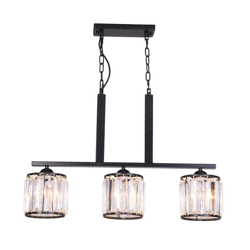 3-Light Cylindrical Island Pendant Rustic Black Prismatic Crystal Ceiling Pendant over Table Clearhalo 'Ceiling Lights' 'Island Lights' Lighting' 2138361