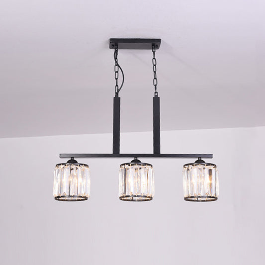 3-Light Cylindrical Island Pendant Rustic Black Prismatic Crystal Ceiling Pendant over Table Clearhalo 'Ceiling Lights' 'Island Lights' Lighting' 2138362