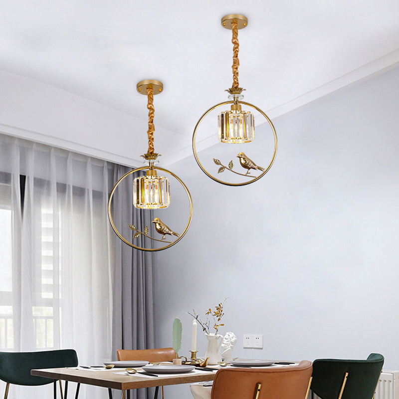 Cylinder Crystal Block Pendant Light Farmhouse 1 Bulb Dining Room Hanging Lamp with Decorative Bird and Ring Gold Clearhalo 'Ceiling Lights' 'Pendant Lights' 'Pendants' Lighting' 2138363_3fbdcc5d-78ea-41ef-ad35-fcff687d93a6