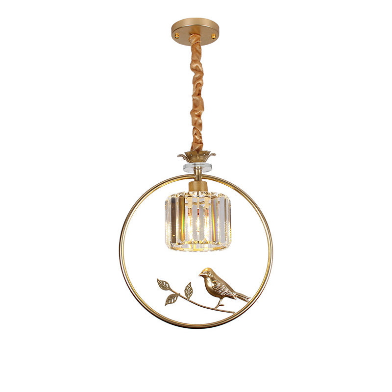 Cylinder Crystal Block Pendant Light Farmhouse 1 Bulb Dining Room Hanging Lamp with Decorative Bird and Ring Clearhalo 'Ceiling Lights' 'Pendant Lights' 'Pendants' Lighting' 2138365