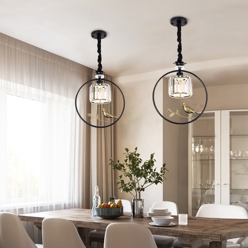 Cylinder Crystal Block Pendant Light Farmhouse 1 Bulb Dining Room Hanging Lamp with Decorative Bird and Ring Black Clearhalo 'Ceiling Lights' 'Pendant Lights' 'Pendants' Lighting' 2138367_a339b606-8a95-4936-af8b-5841eda2bb93