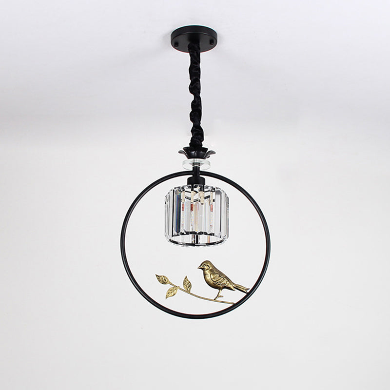 Cylinder Crystal Block Pendant Light Farmhouse 1 Bulb Dining Room Hanging Lamp with Decorative Bird and Ring Clearhalo 'Ceiling Lights' 'Pendant Lights' 'Pendants' Lighting' 2138368