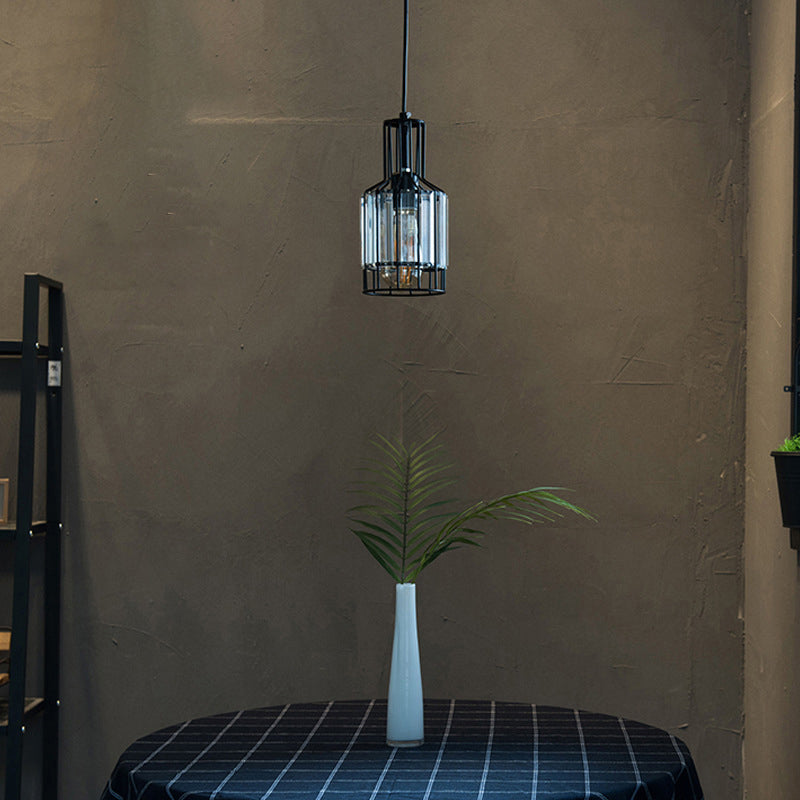 Iron Wire Cage Bottle Pendant Industrial 1-Light Dining Table Suspension Lamp in Black with Crystal Clearhalo 'Ceiling Lights' 'Pendant Lights' 'Pendants' Lighting' 2138369