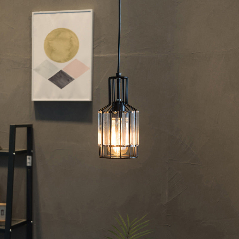 Iron Wire Cage Bottle Pendant Industrial 1-Light Dining Table Suspension Lamp in Black with Crystal Clearhalo 'Ceiling Lights' 'Pendant Lights' 'Pendants' Lighting' 2138371