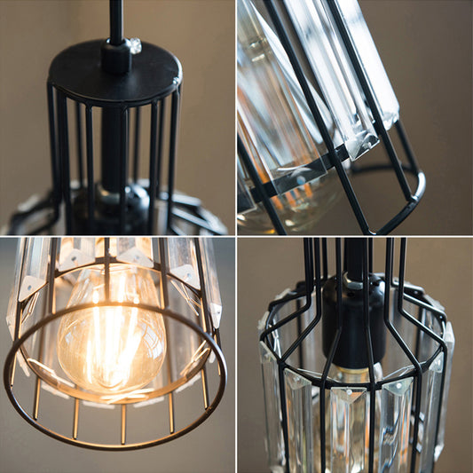 Iron Wire Cage Bottle Pendant Industrial 1-Light Dining Table Suspension Lamp in Black with Crystal Clearhalo 'Ceiling Lights' 'Pendant Lights' 'Pendants' Lighting' 2138372