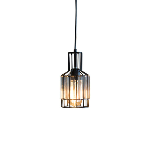 Iron Wire Cage Bottle Pendant Industrial 1-Light Dining Table Suspension Lamp in Black with Crystal Clearhalo 'Ceiling Lights' 'Pendant Lights' 'Pendants' Lighting' 2138373