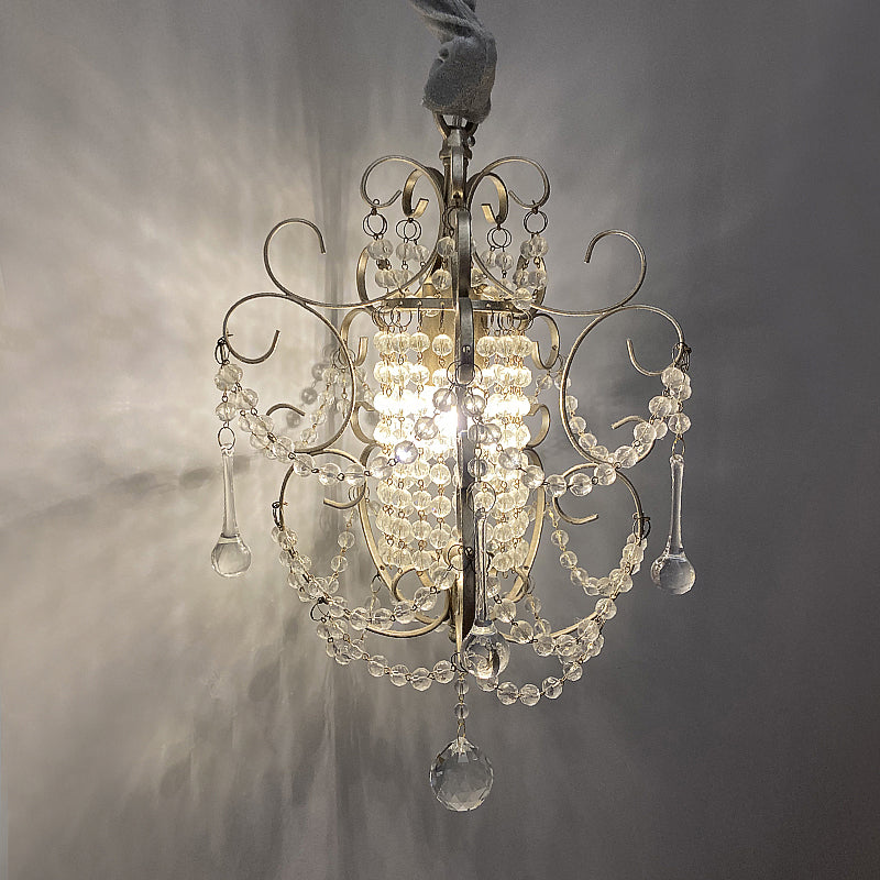 Metal Scrolled Pendulum Light French Country 1 Head Bedside Drop Pendant with Crystal Bead Silver Clearhalo 'Ceiling Lights' 'Pendant Lights' 'Pendants' Lighting' 2138374_7ccdb52f-1107-42f6-b005-16cb52d8bcef