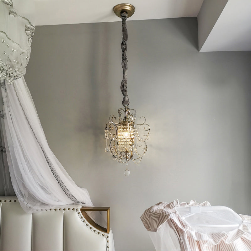 Metal Scrolled Pendulum Light French Country 1 Head Bedside Drop Pendant with Crystal Bead Clearhalo 'Ceiling Lights' 'Pendant Lights' 'Pendants' Lighting' 2138375