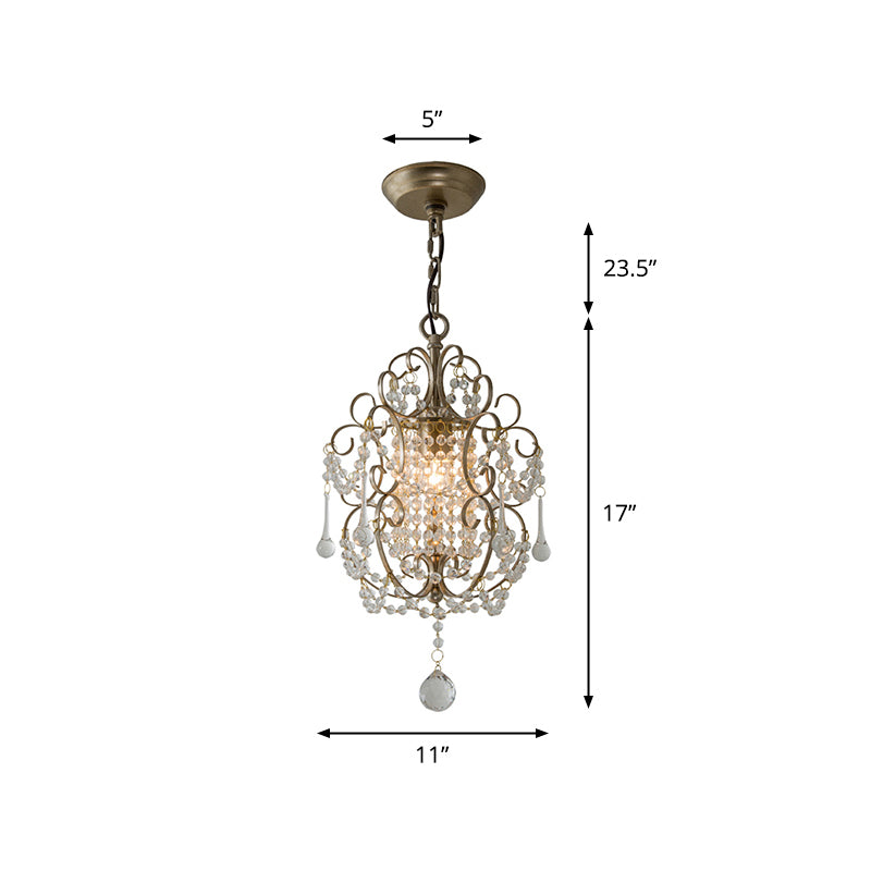 Metal Scrolled Pendulum Light French Country 1 Head Bedside Drop Pendant with Crystal Bead Clearhalo 'Ceiling Lights' 'Pendant Lights' 'Pendants' Lighting' 2138377