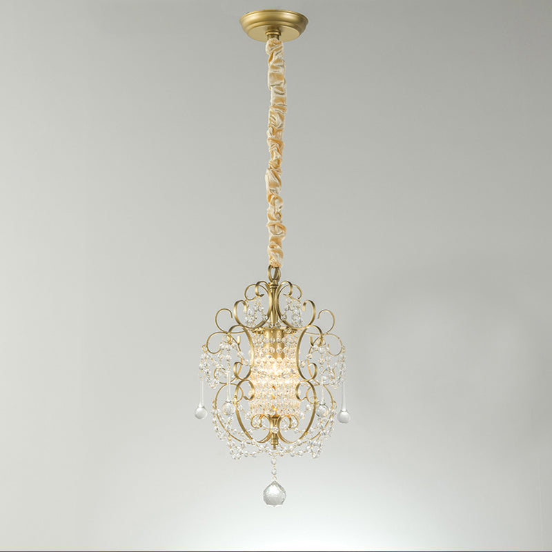 Metal Scrolled Pendulum Light French Country 1 Head Bedside Drop Pendant with Crystal Bead Gold Clearhalo 'Ceiling Lights' 'Pendant Lights' 'Pendants' Lighting' 2138378_ee0845d0-7a41-4135-be27-4d41bbec0a19