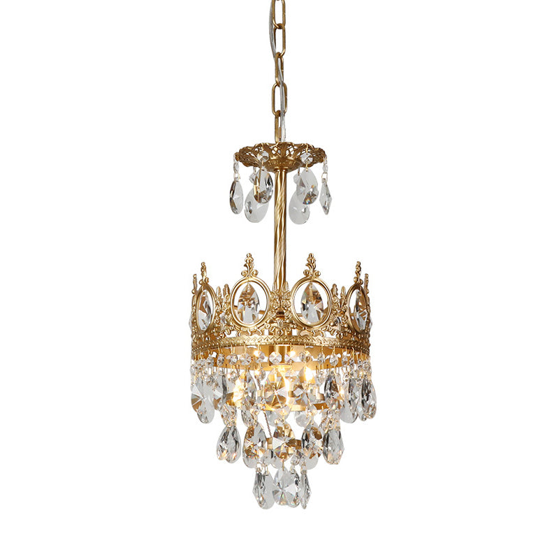 Gold Crown-Shape Ceiling Pendant Antique Metal Single Bedroom Hanging Lamp with Crystal Drops Clearhalo 'Ceiling Lights' 'Pendant Lights' 'Pendants' Lighting' 2138383