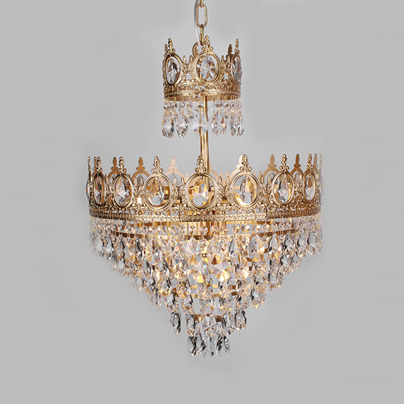 Gold Crown-Shape Ceiling Pendant Antique Metal Single Bedroom Hanging Lamp with Crystal Drops Clearhalo 'Ceiling Lights' 'Pendant Lights' 'Pendants' Lighting' 2138384