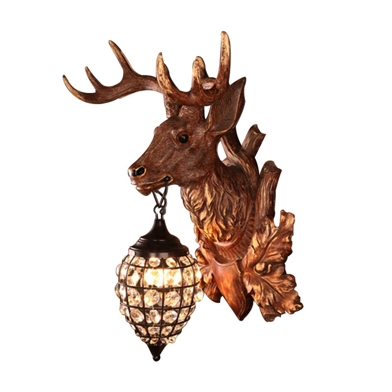 Deer Head Bistro Wall Sconce Rustic Resin Single Wall Mount Light with Oval Crystal Shade Clearhalo 'Wall Lamps & Sconces' 'Wall Lights' Lighting' 2138393