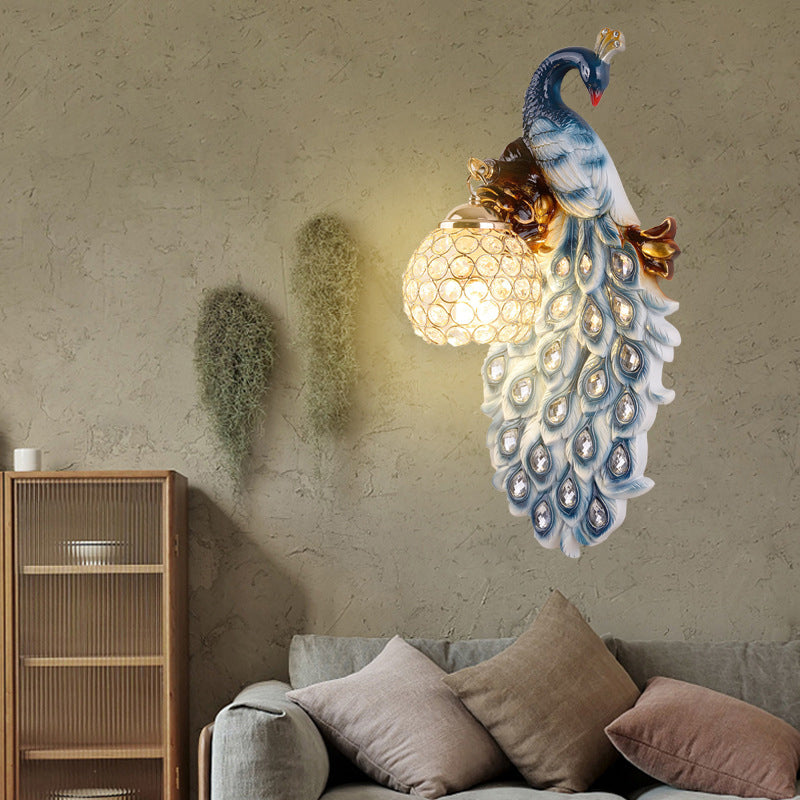 Blue Peacock Sconce Light Fixture Country Resin Single Dining Room Wall Lamp with Crystal Shade Blue Right Clearhalo 'Wall Lamps & Sconces' 'Wall Lights' Lighting' 2138395