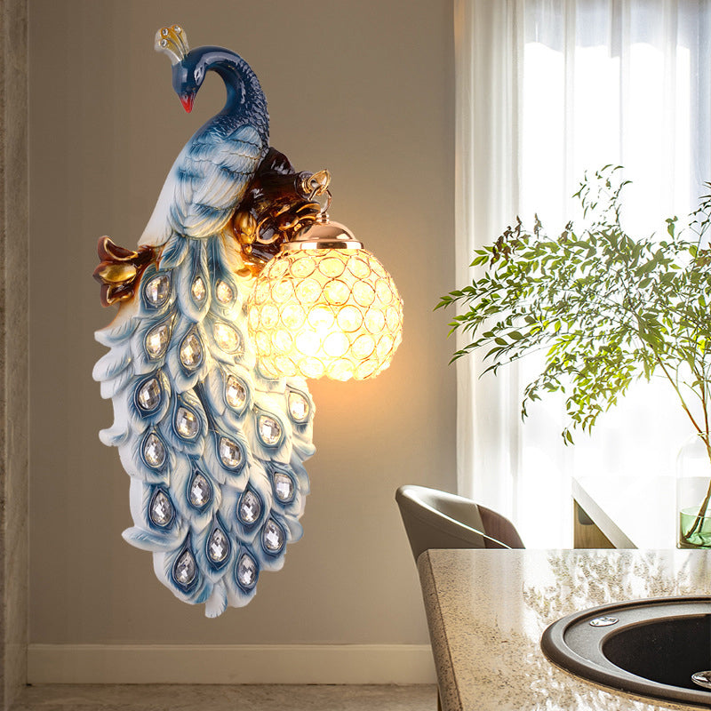 Blue Peacock Sconce Light Fixture Country Resin Single Dining Room Wall Lamp with Crystal Shade Blue Left Clearhalo 'Wall Lamps & Sconces' 'Wall Lights' Lighting' 2138398