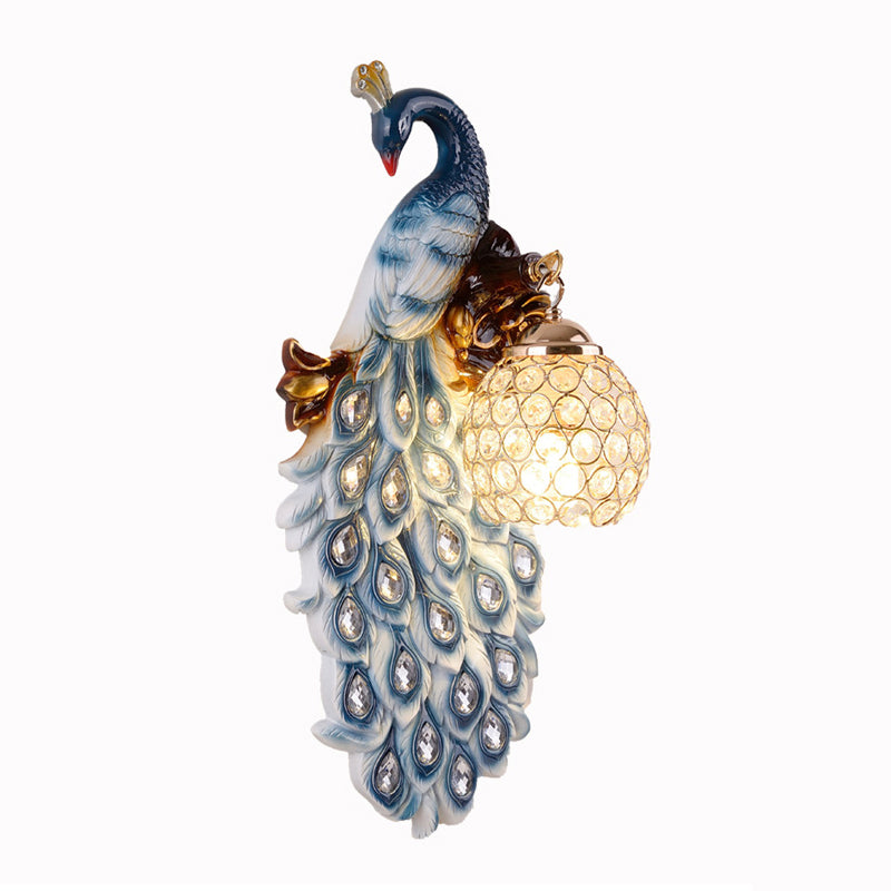 Blue Peacock Sconce Light Fixture Country Resin Single Dining Room Wall Lamp with Crystal Shade Clearhalo 'Wall Lamps & Sconces' 'Wall Lights' Lighting' 2138399