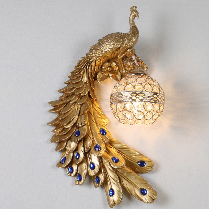 Peacock Shaped Corridor Wall Light Farmhouse Resin 1 Bulb Wall Sconce with Hemisphere Crystal Shade Clearhalo 'Wall Lamps & Sconces' 'Wall Lights' Lighting' 2138403