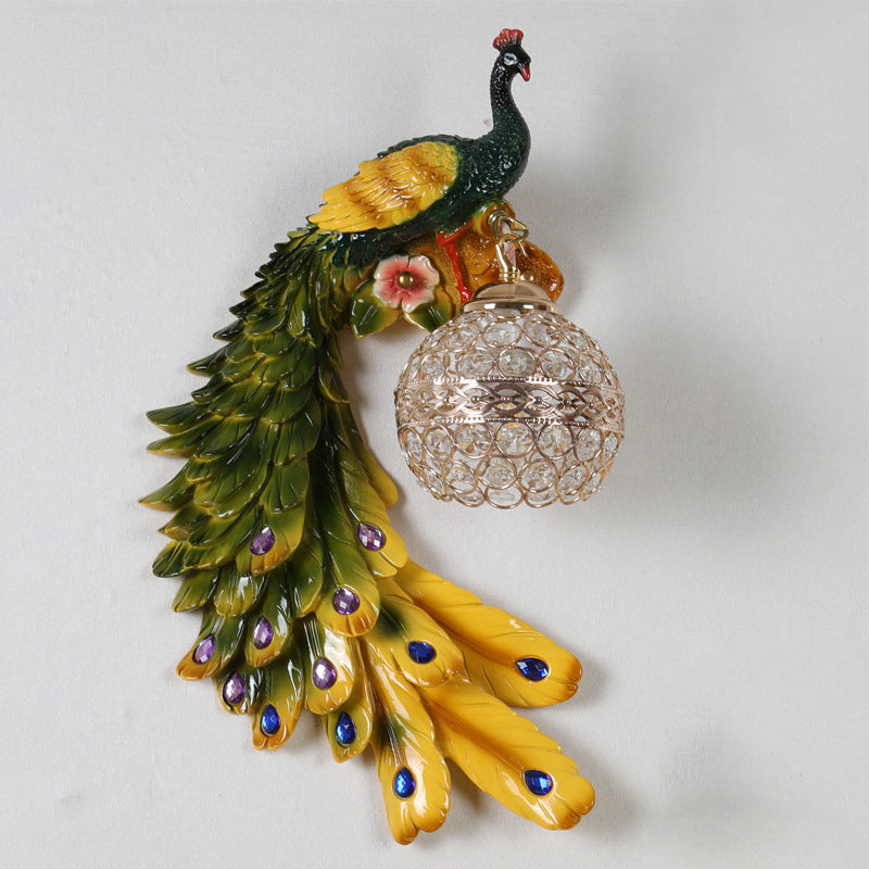 Peacock Shaped Corridor Wall Light Farmhouse Resin 1 Bulb Wall Sconce with Hemisphere Crystal Shade Multi-Color Left Clearhalo 'Wall Lamps & Sconces' 'Wall Lights' Lighting' 2138404