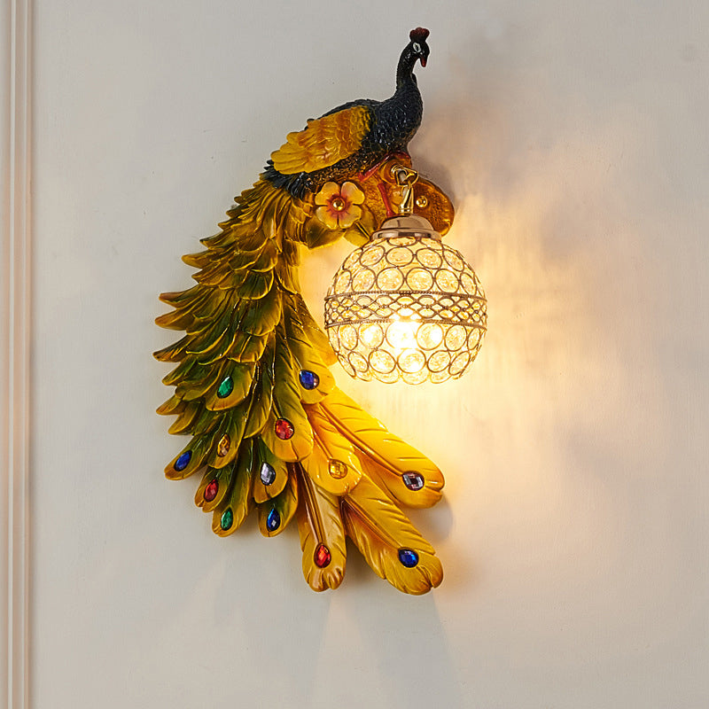 Peacock Shaped Corridor Wall Light Farmhouse Resin 1 Bulb Wall Sconce with Hemisphere Crystal Shade Clearhalo 'Wall Lamps & Sconces' 'Wall Lights' Lighting' 2138405