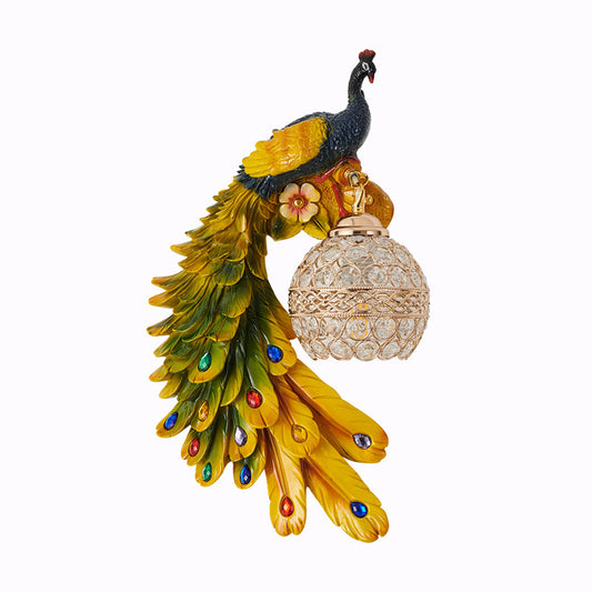 Peacock Shaped Corridor Wall Light Farmhouse Resin 1 Bulb Wall Sconce with Hemisphere Crystal Shade Clearhalo 'Wall Lamps & Sconces' 'Wall Lights' Lighting' 2138406