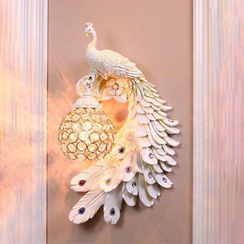 Peacock Wall Mounted Lamp Farm Style Resin Sconce Lighting with Dome Crystal Shade White Right Clearhalo 'Wall Lamps & Sconces' 'Wall Lights' Lighting' 2138409