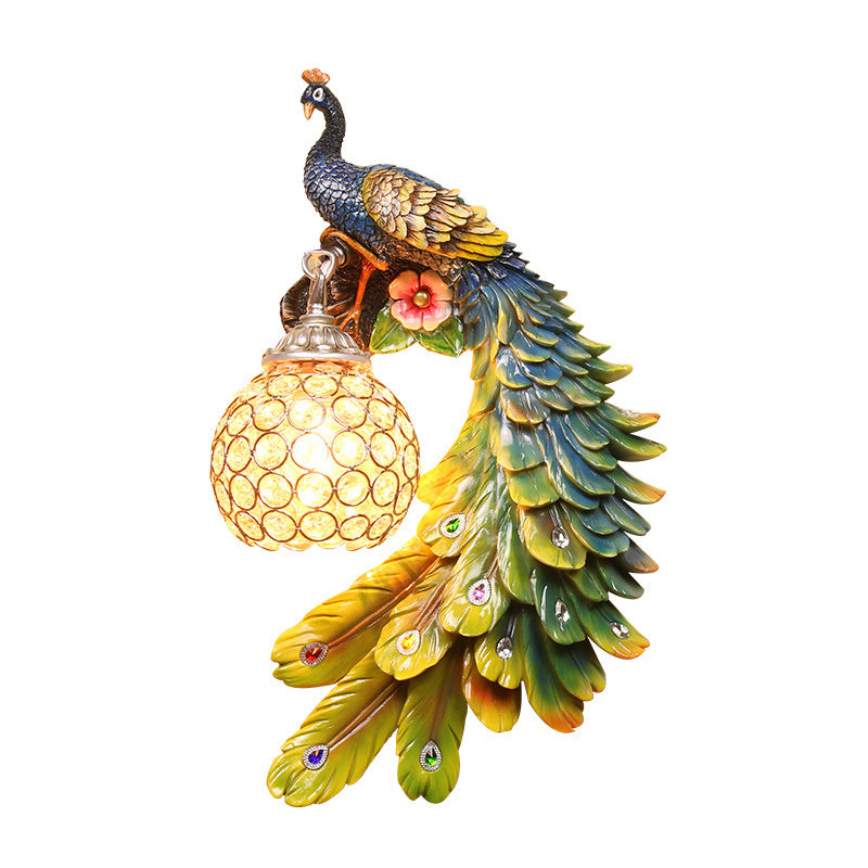 Peacock Wall Mounted Lamp Farm Style Resin Sconce Lighting with Dome Crystal Shade Multi-Color Right Clearhalo 'Wall Lamps & Sconces' 'Wall Lights' Lighting' 2138412