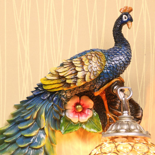 Peacock Wall Mounted Lamp Farm Style Resin Sconce Lighting with Dome Crystal Shade Clearhalo 'Wall Lamps & Sconces' 'Wall Lights' Lighting' 2138413