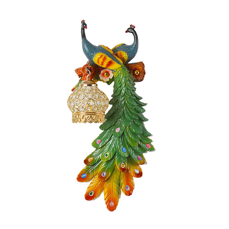 Crystal-Encrusted Lantern Wall Lamp Rustic 1-Light Living Room Sconce with Multicolored Peacock Deco Multi-Color 14" Right Clearhalo 'Wall Lamps & Sconces' 'Wall Lights' Lighting' 2138418