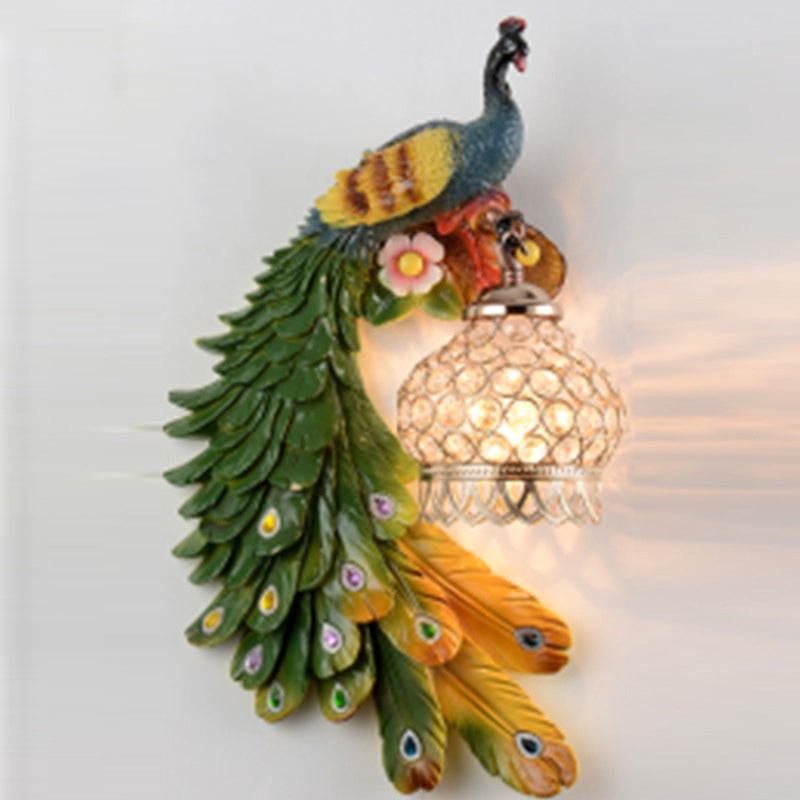 Crystal-Encrusted Lantern Wall Lamp Rustic 1-Light Living Room Sconce with Multicolored Peacock Deco Multi-Color 10.5" Left Clearhalo 'Wall Lamps & Sconces' 'Wall Lights' Lighting' 2138420