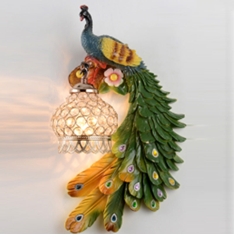 Crystal-Encrusted Lantern Wall Lamp Rustic 1-Light Living Room Sconce with Multicolored Peacock Deco Multi-Color 10.5" Right Clearhalo 'Wall Lamps & Sconces' 'Wall Lights' Lighting' 2138421