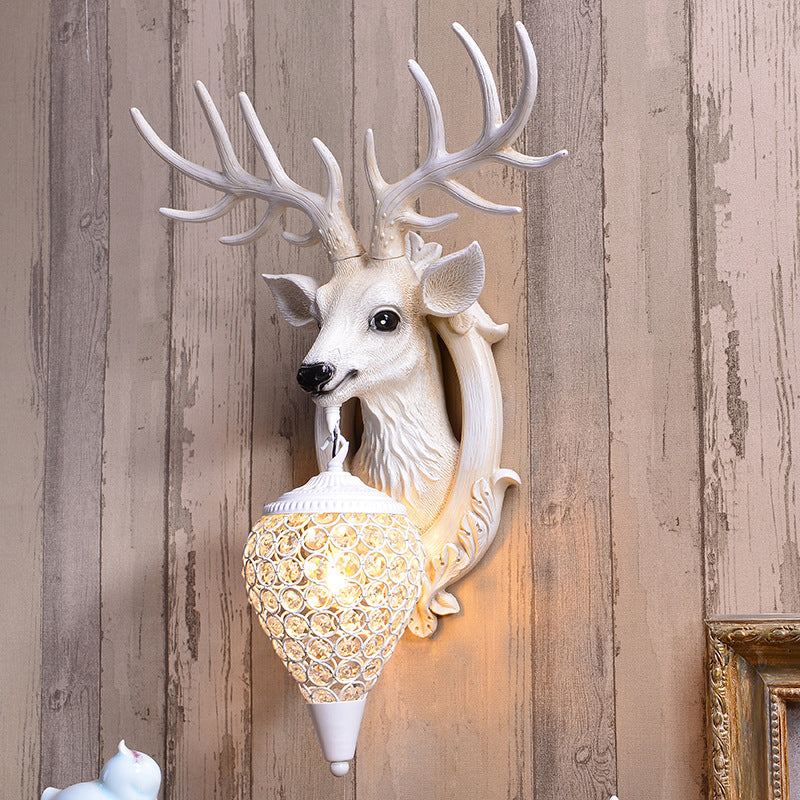 Lodge Deer Head Wall Light Fixture 1 Bulb Resin Wall Sconce with Teardrop Crystal Shade White White Clearhalo 'Wall Lamps & Sconces' 'Wall Lights' Lighting' 2138422