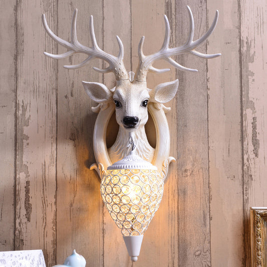 Lodge Deer Head Wall Light Fixture 1 Bulb Resin Wall Sconce with Teardrop Crystal Shade Clearhalo 'Wall Lamps & Sconces' 'Wall Lights' Lighting' 2138423